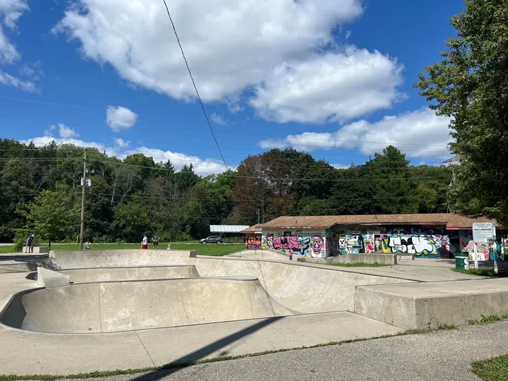 Ground-level view of Riverside Rails Skateboard Park